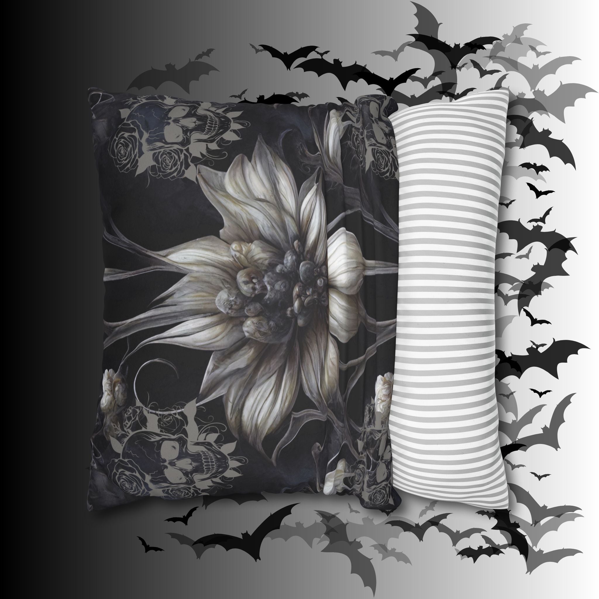 Gothic Skull Botanical Sunflower Throw Pillow — Dark Floral Home Decor