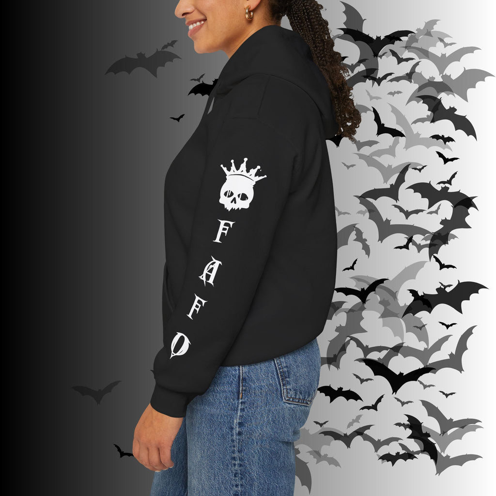 I Identify As a Threat Hoodie — Gothic Skull Sleeve Print FAFO Black