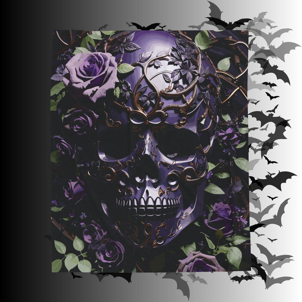 Gothic Black & Purple Botanical Skull Throw Blanket — Dark Floral Home Decor