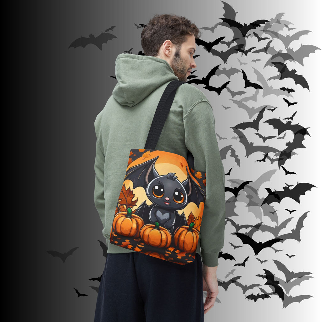 Kawaii Bat & Pumpkin Halloween Tote Bag — Autumn Full Moon Print