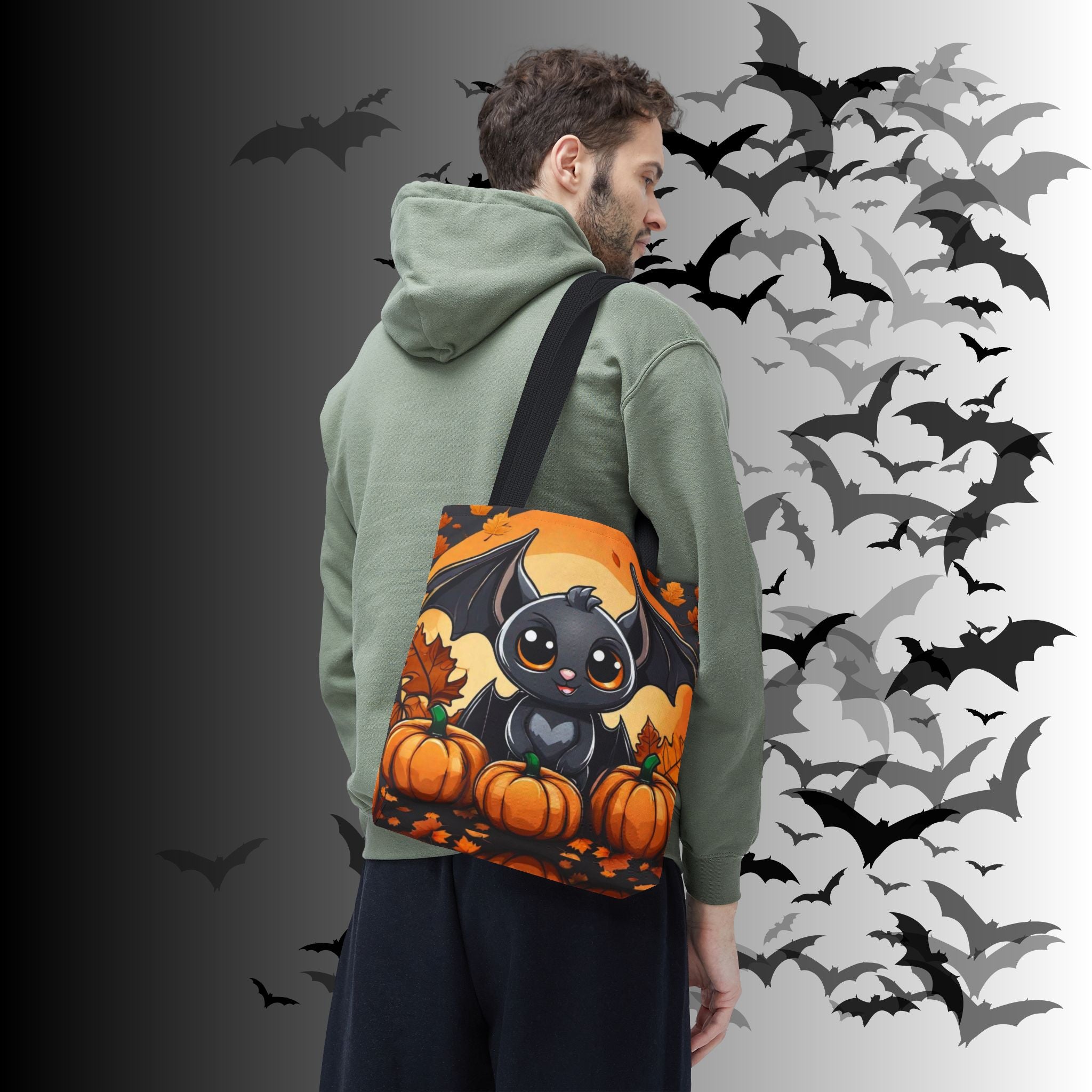 Kawaii Bat & Pumpkin Halloween Tote Bag — Autumn Full Moon Print