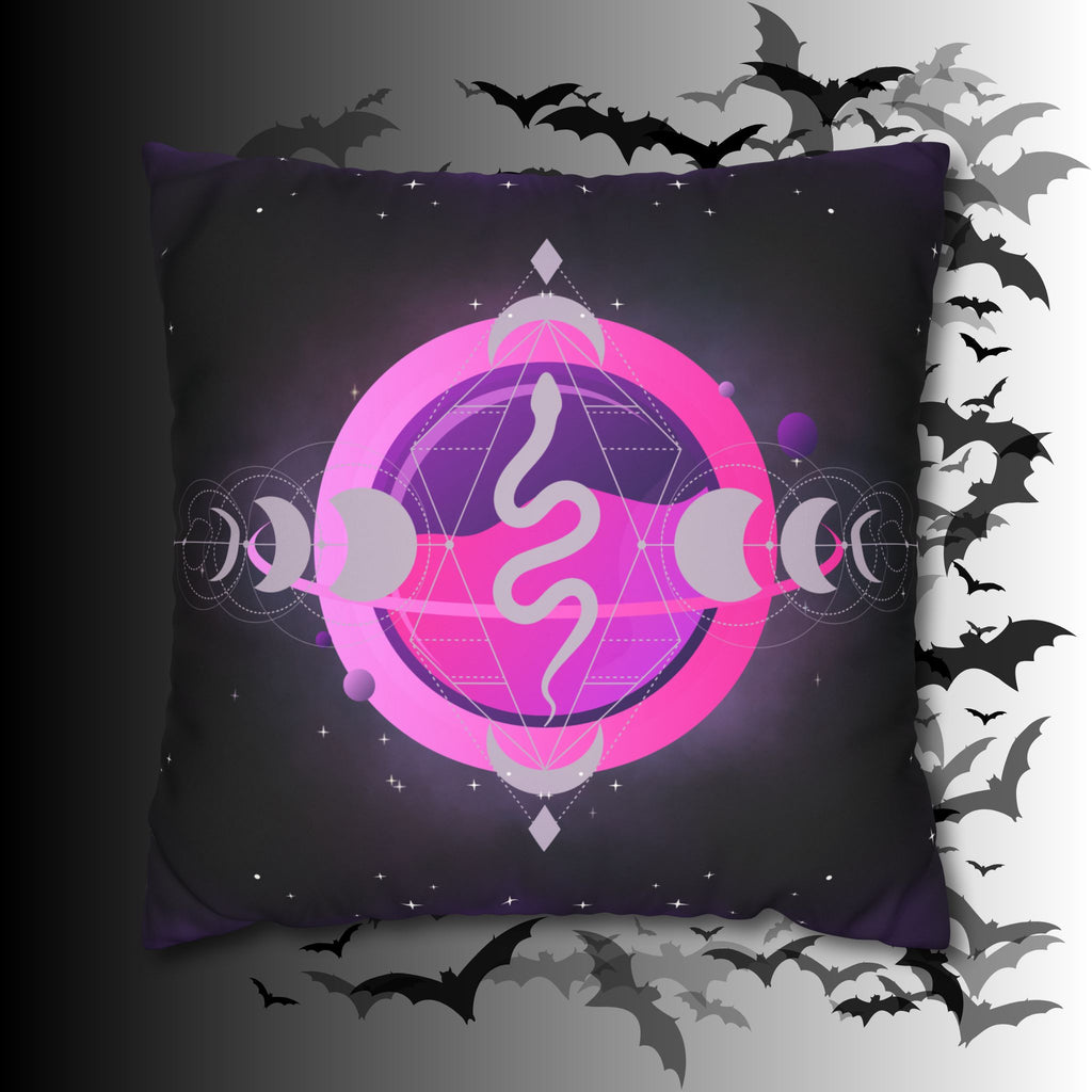 Pastel Goth Celestial Snake Moon Phases Throw Pillow — Witchy Dark Home Decor