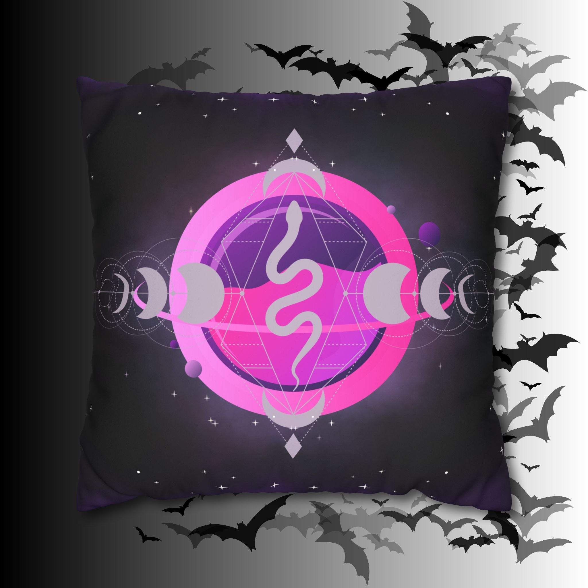 Pastel Goth Celestial Snake Moon Phases Throw Pillow — Witchy Dark Home Decor