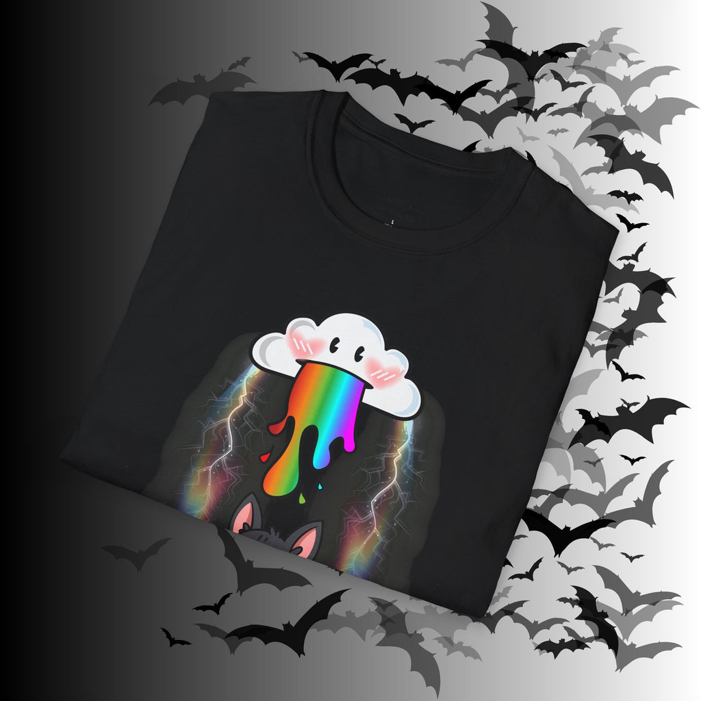 Rainbow Vomit Cloud Bat T-Shirt — Kawaii Goth Pride Unisex Tee