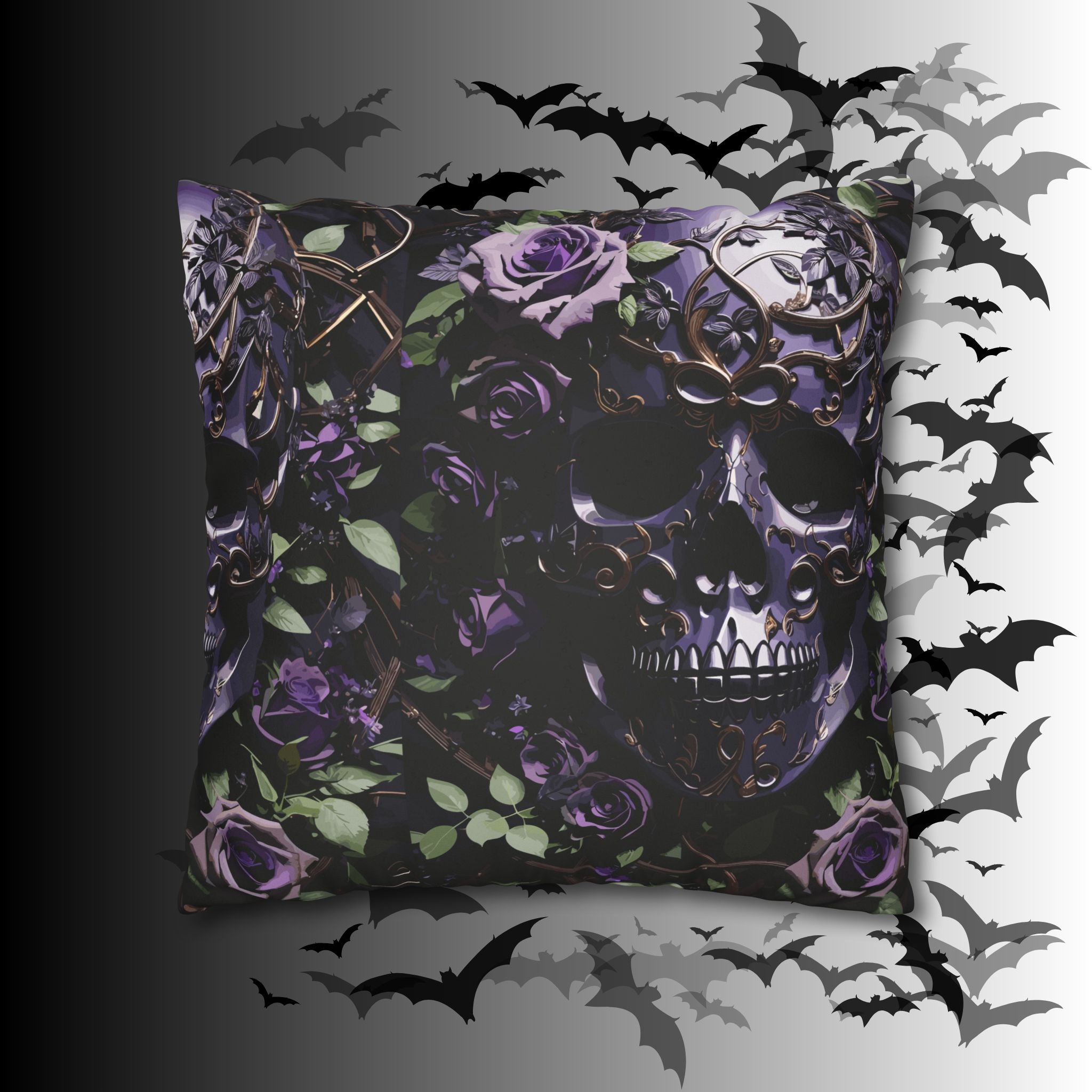 Gothic Black Purple Skull Throw Pillow — Dark Floral Botanical Home Decor