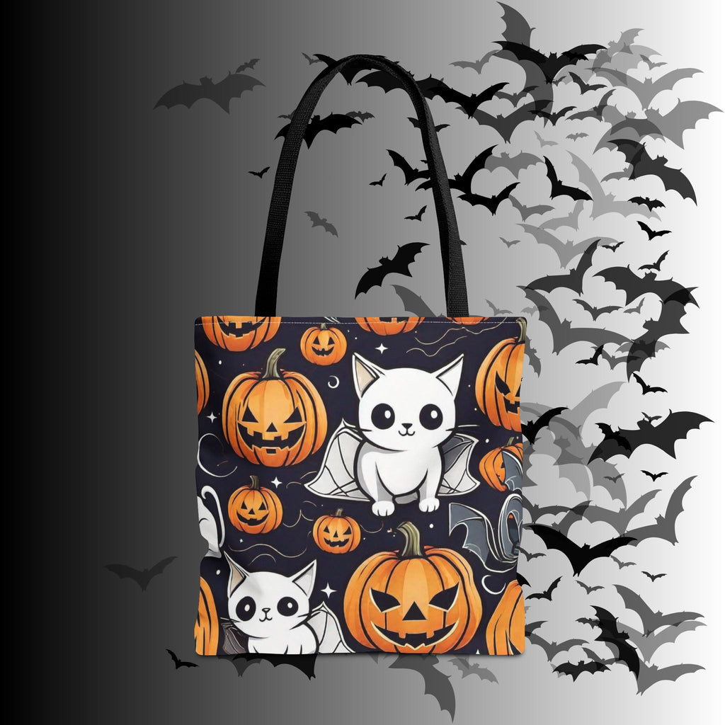 Kawaii Bat Cat Halloween Tote Bag — Spooky Pumpkin Pattern