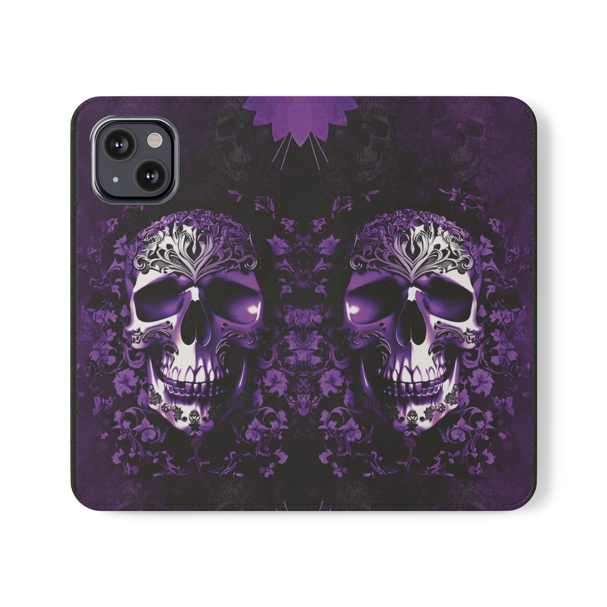 Purple Pastel Goth Skull Flip Wallet Phone Case - Skull Wallet Case for Samsung iPhone - Gothic Style Skull Wallet Phone Cases