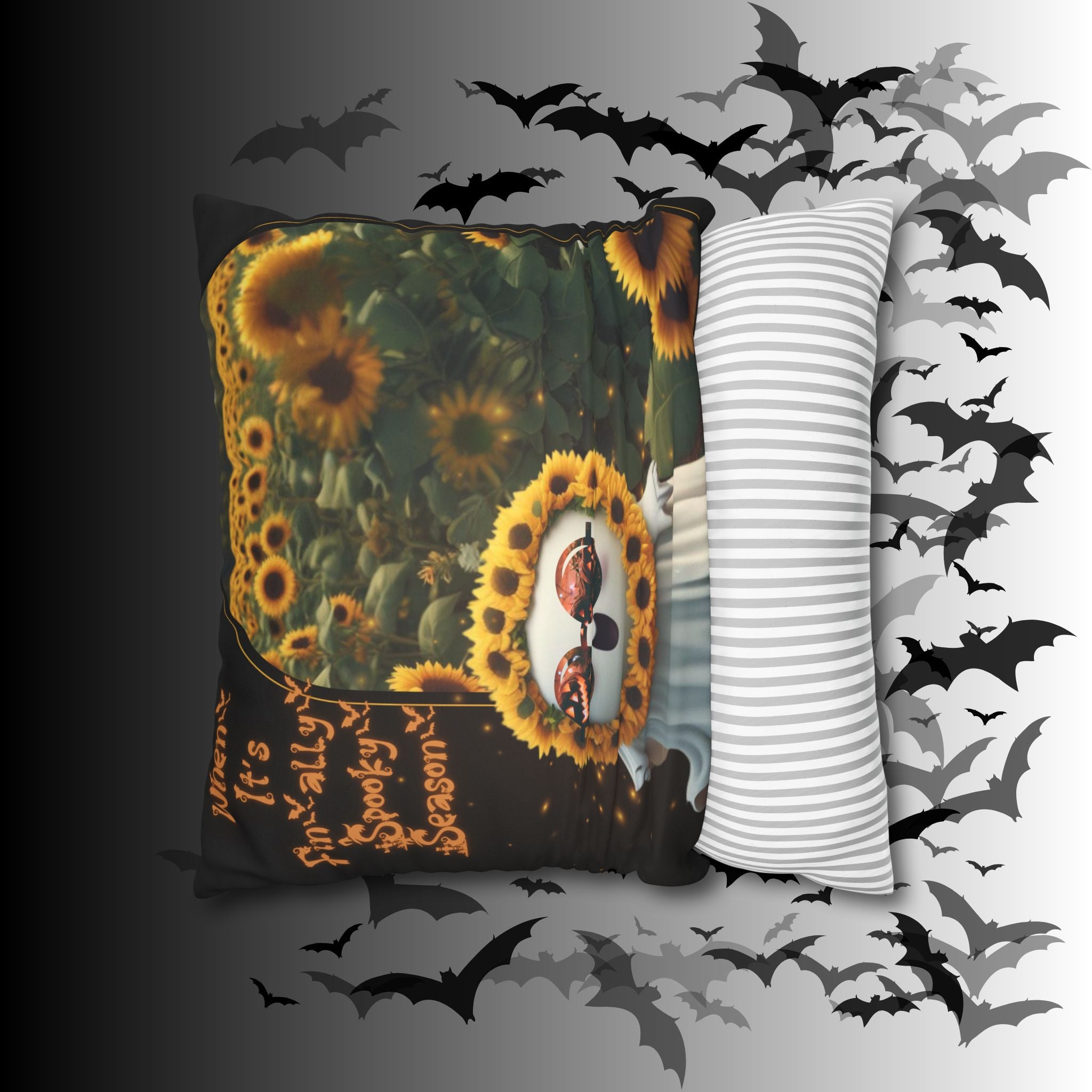 Spooky Season Ghost Sunflower Throw Pillow — Halloween Dark Home Decor
