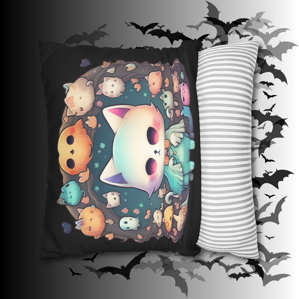 Creepy Cute Kawaii Ghost Cat Throw Pillow — Pastel Goth Dark Home Decor
