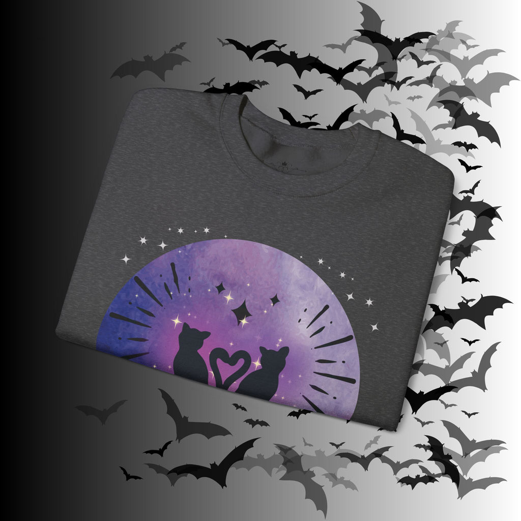 Celestial Twin Cats Heart Moon Crewneck Sweatshirt — Witchy Moon Phase