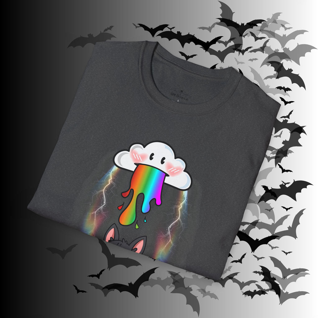 Rainbow Vomit Cloud Bat T-Shirt — Kawaii Goth Pride Unisex Tee