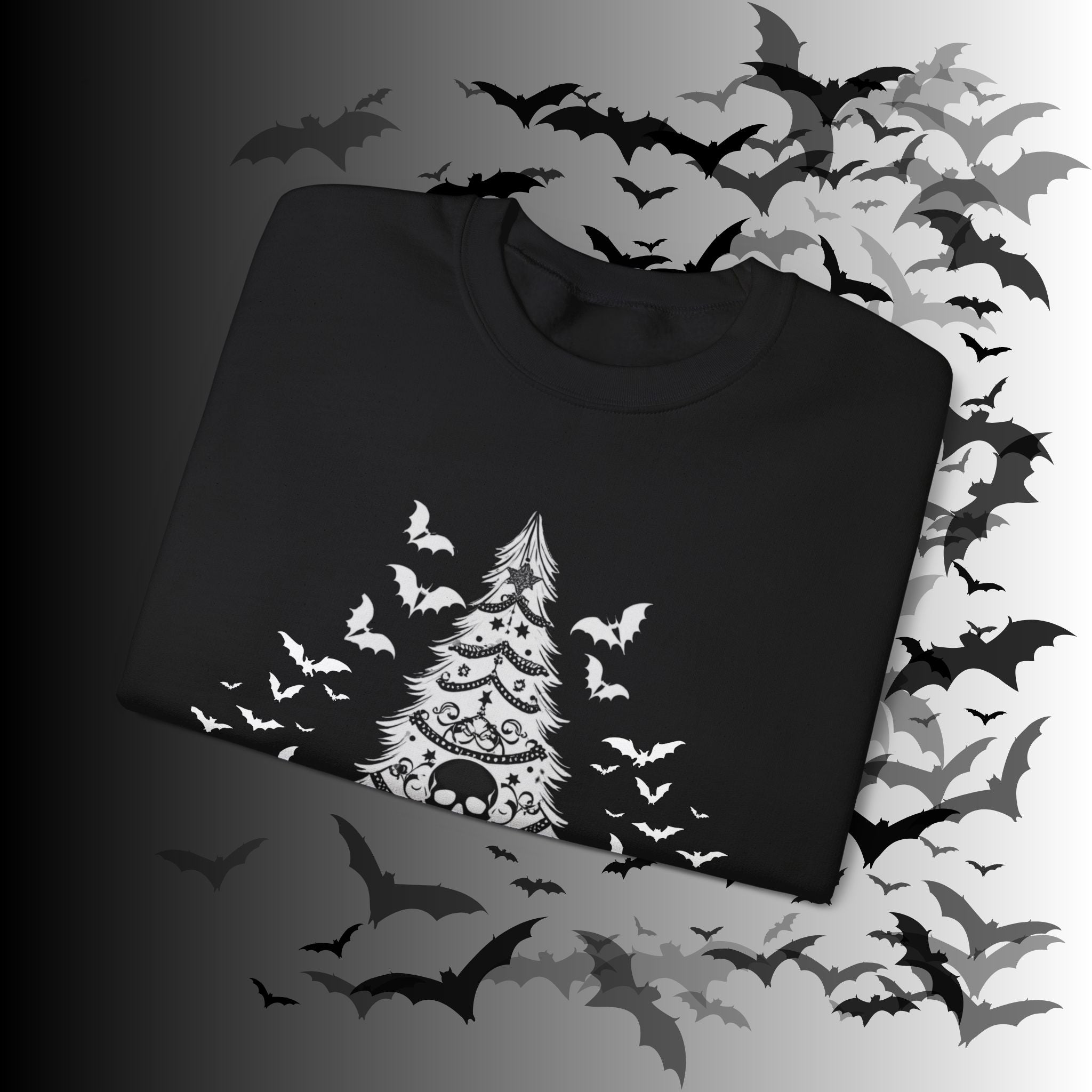 Merry Creepmas Tree Crewneck Sweatshirt — Gothic Christmas Skull Bat