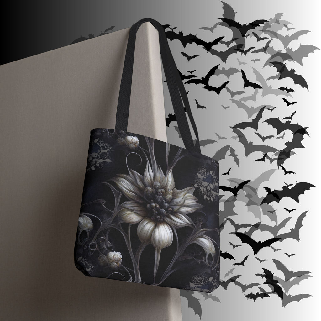 Gothic Botanical Skull Tote Bag — Dark Floral All-Over Print