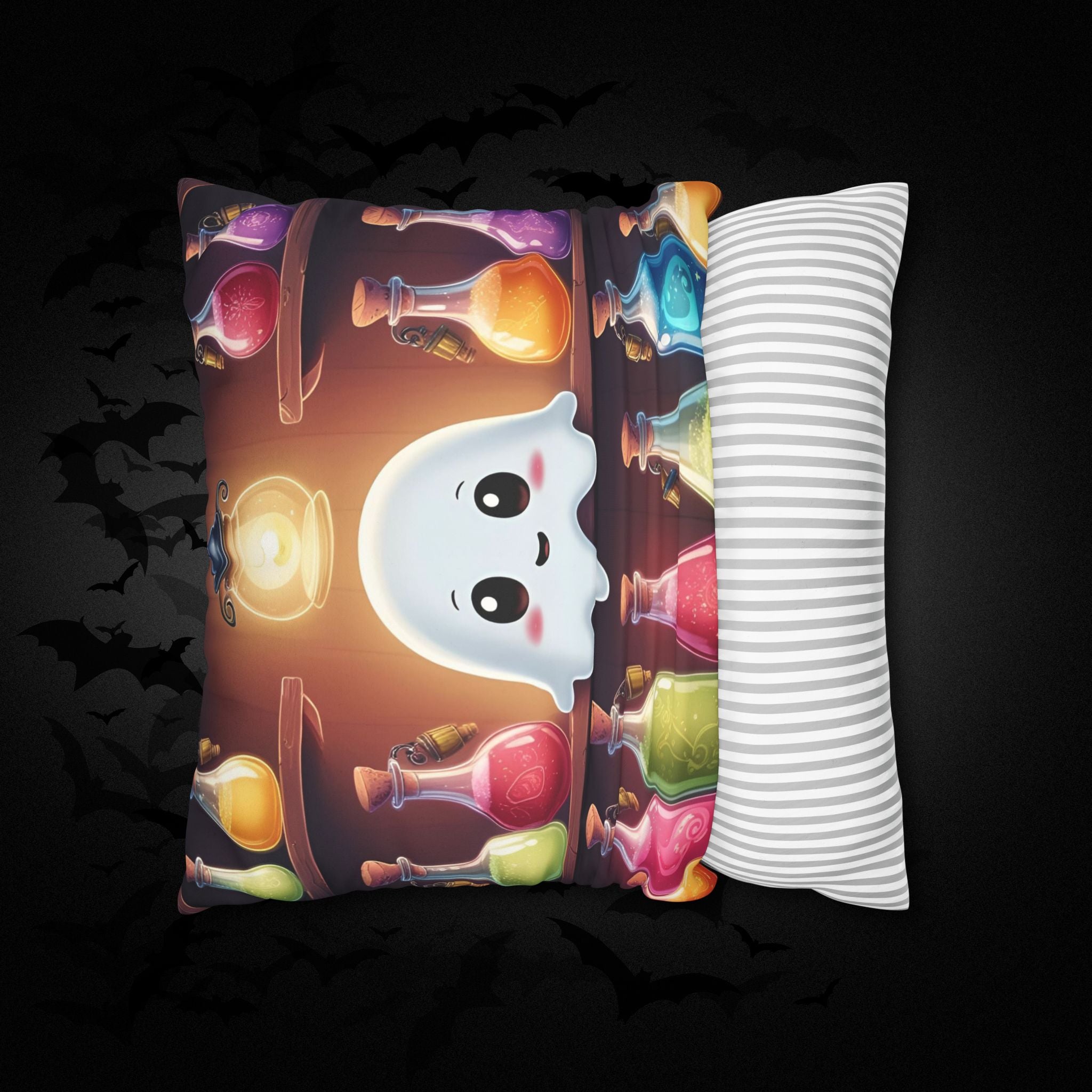 Apothecary Ghost Throw Pillow — Whimsigoth Potion Shelf Dark Home Decor