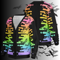 Black hoodie with colorful abstract designs on a dark background with bats.