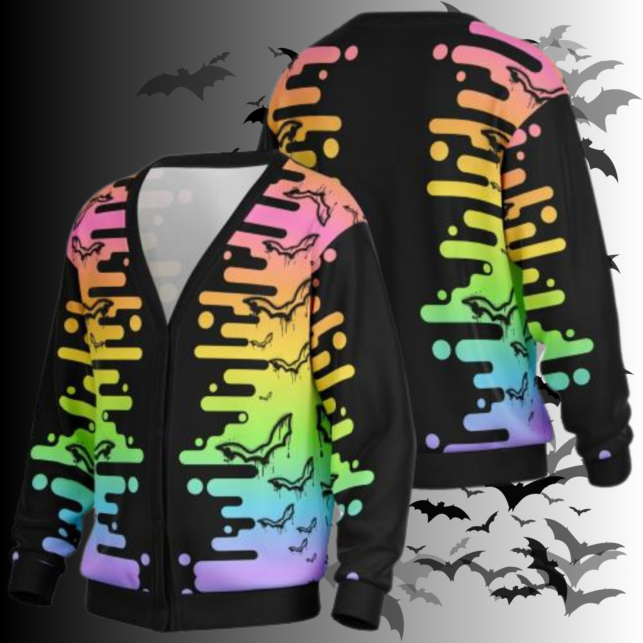Black hoodie with colorful abstract designs on a dark background with bats.