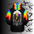 Black all over print pullover hoodie with rainbow drip design on sleeves and hood, front view showing rainbow flowing from shoulders down sleeves with kangaroo pocket, back view showing kawaii cloud vomiting rainbow with lightning and a small pride bat in a rainbow bow tie with wings spread