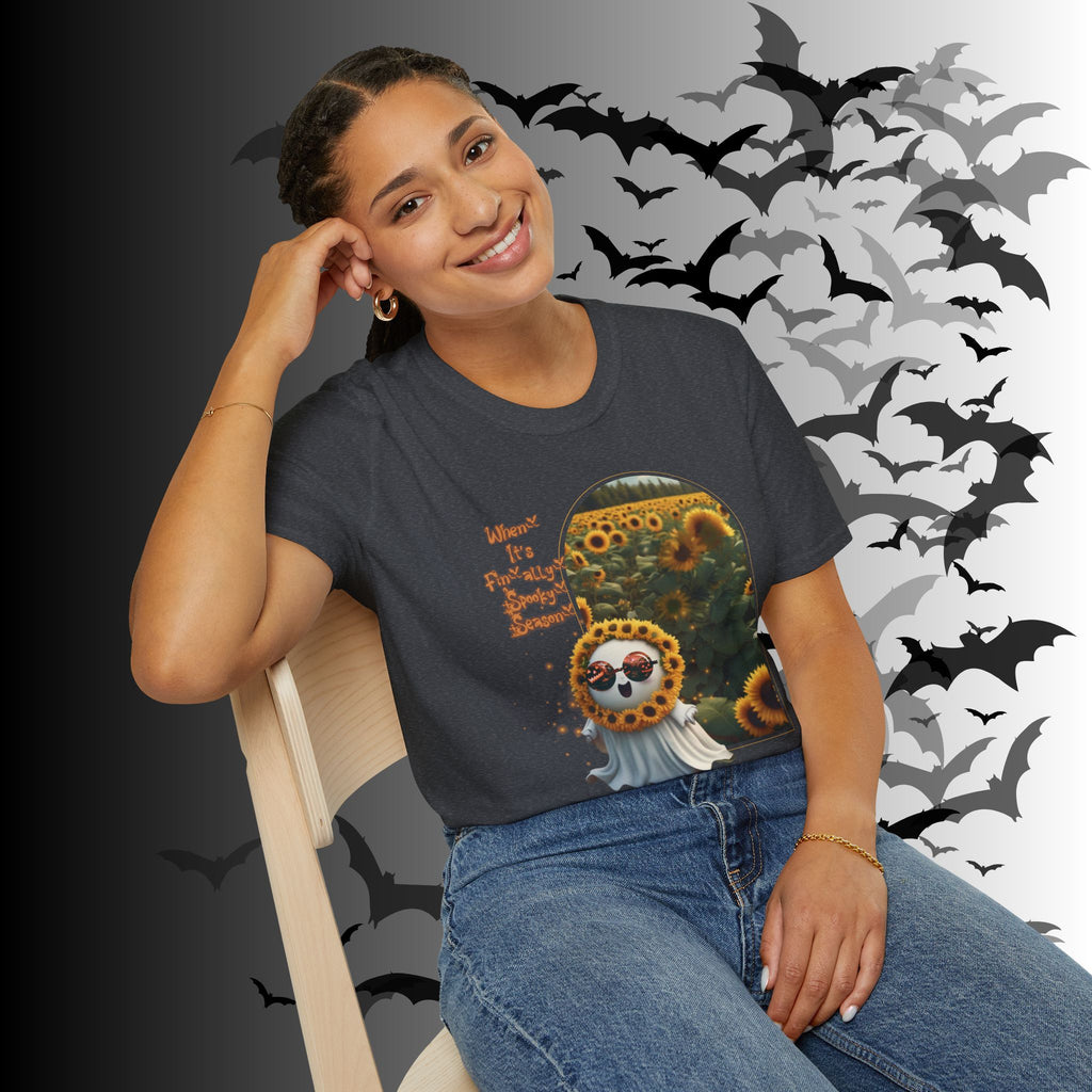 "When It's Finally Spooky Season" Ghost Sunflower T-Shirt — Halloween Tee