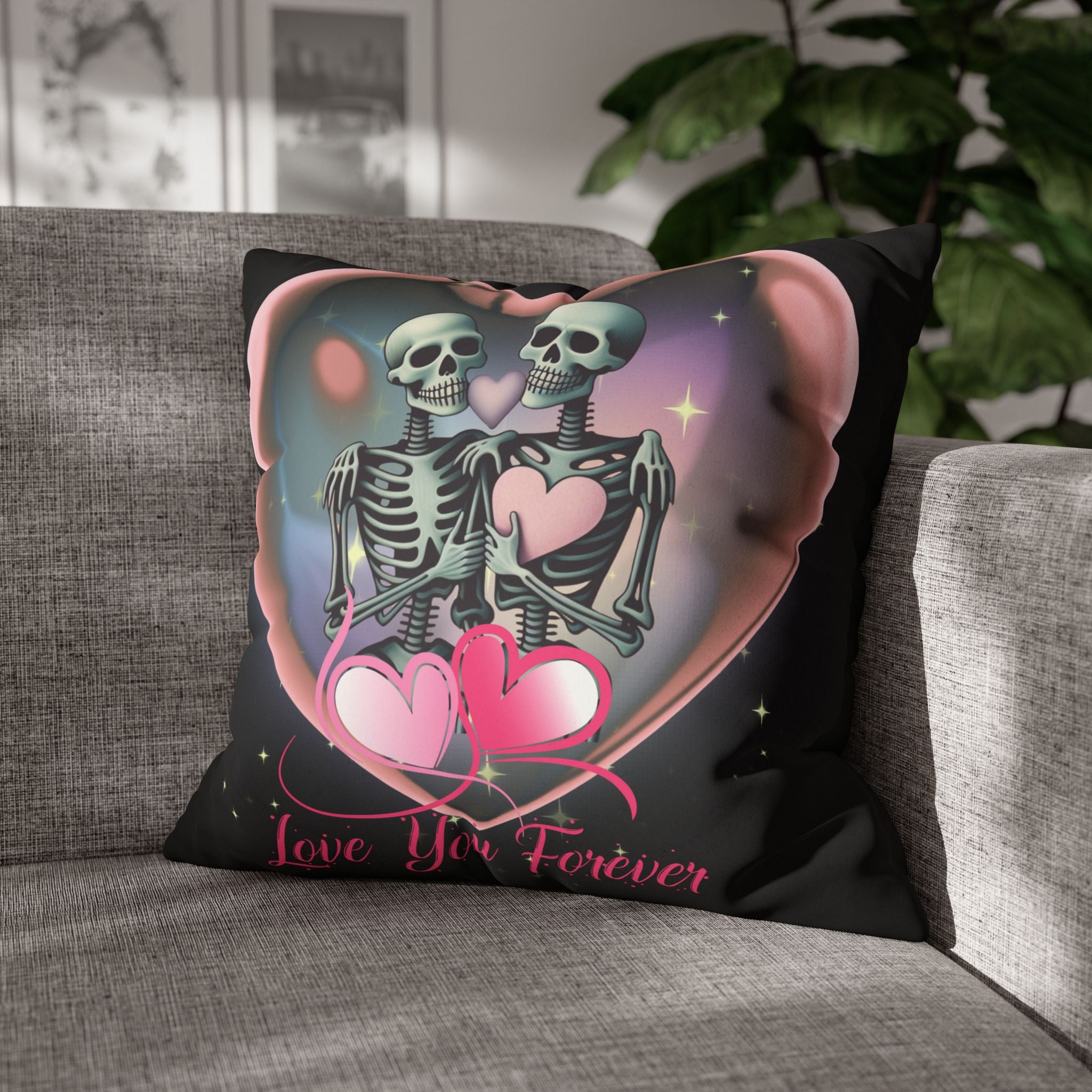 Love You Forever Skeleton Couple Throw Pillow — Gothic Love Dark Home Decor