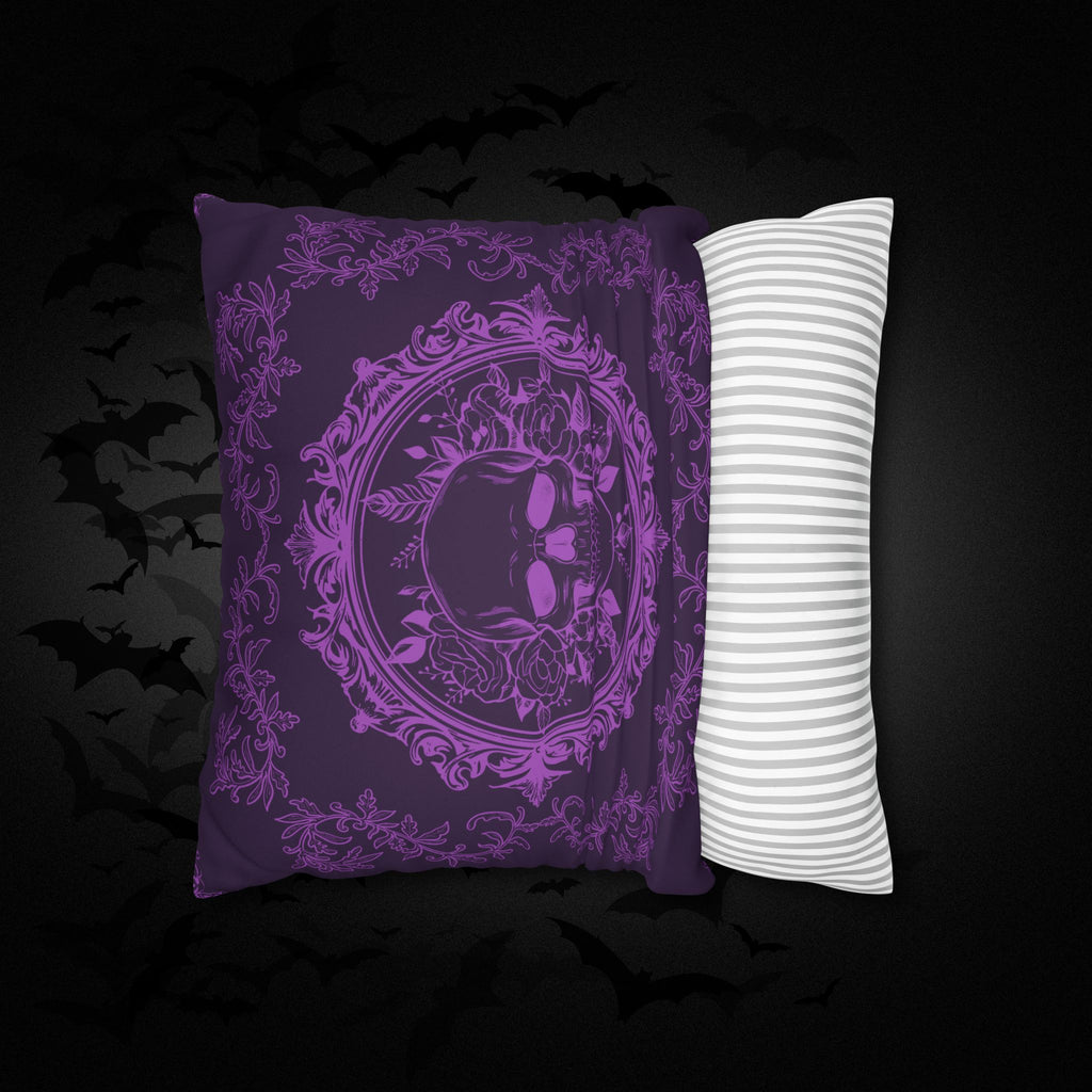 Purple Gothic Floral Skull Throw Pillow — Baroque Botanical Dark Home Decor