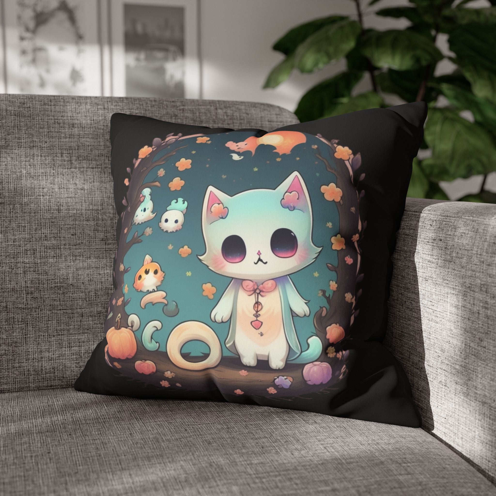 Creepy Cute Pastel Goth Cat Throw Pillow — Kawaii Halloween Dark Home Decor