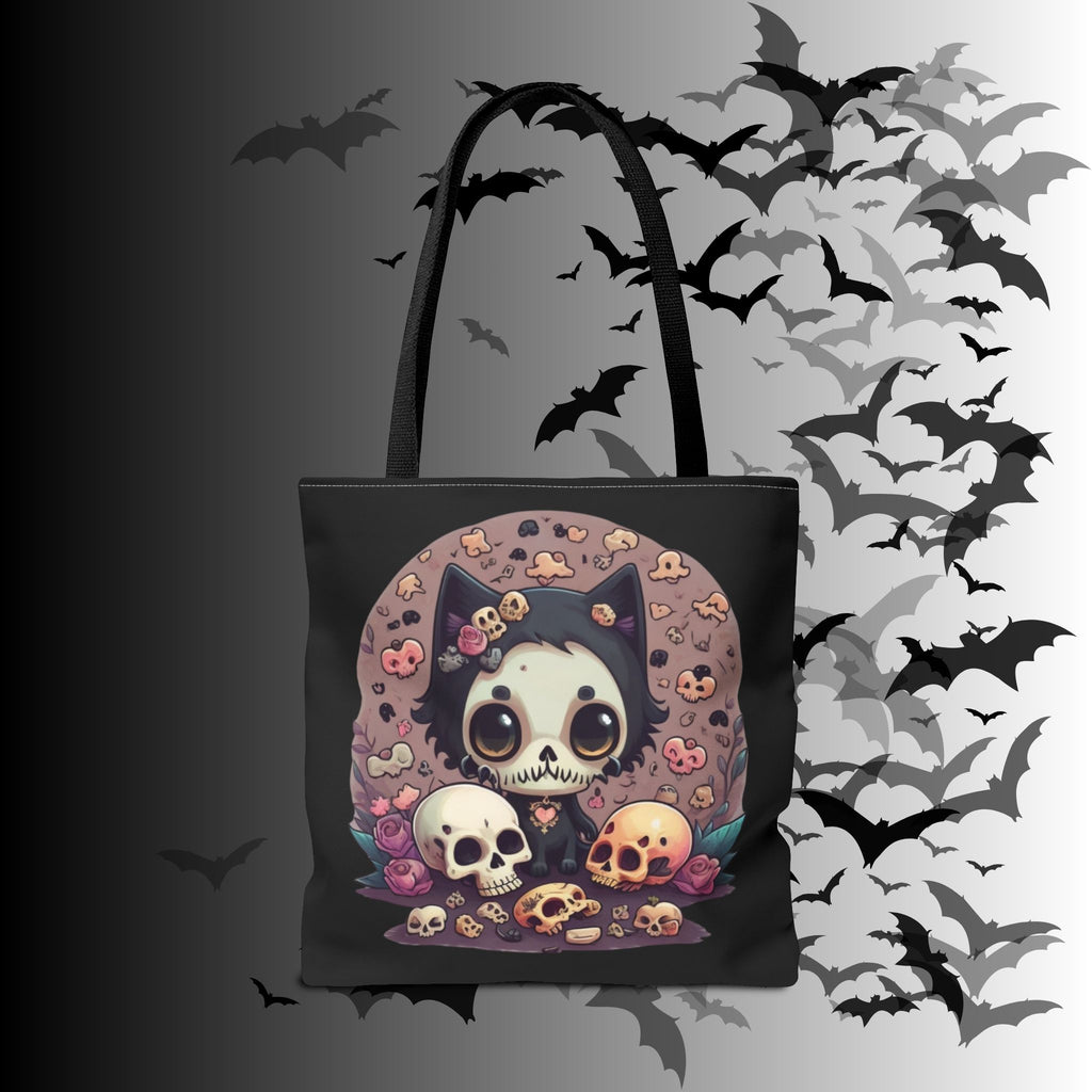 Kawaii Skull Cat Tote Bag — Gothic Cute Skull Illustration
