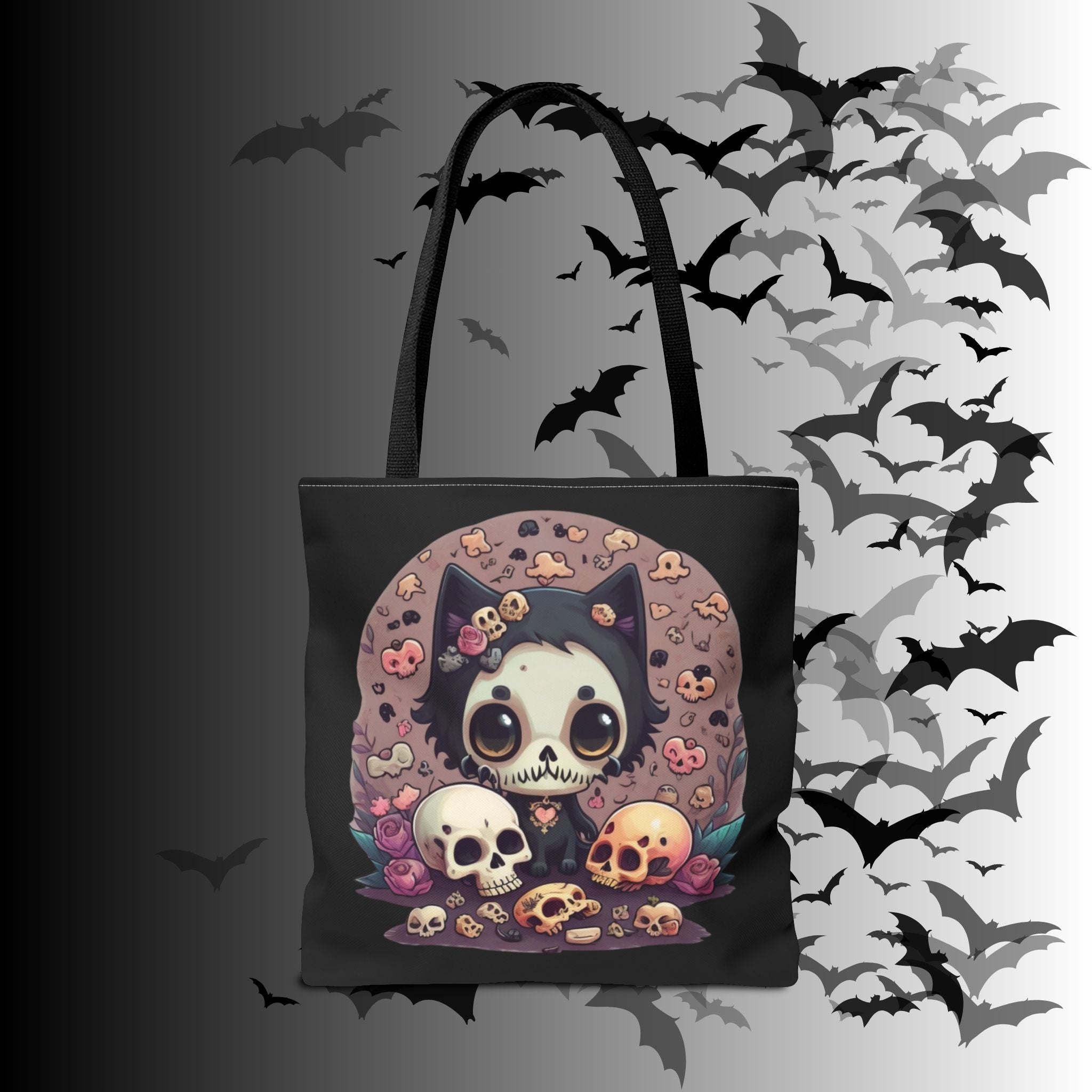 Kawaii Skull Cat Tote Bag — Gothic Cute Skull Illustration