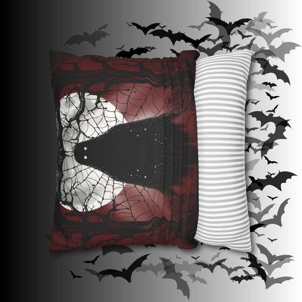 Gothic Ghost Cobweb Moon Throw Pillow — Spooky Halloween Dark Home Decor