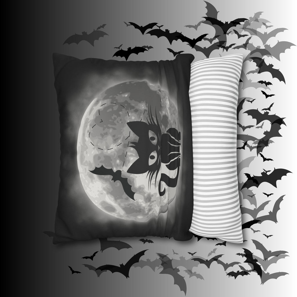 Gothic Black Cat Full Moon Throw Pillow — Bat Dark Home Decor