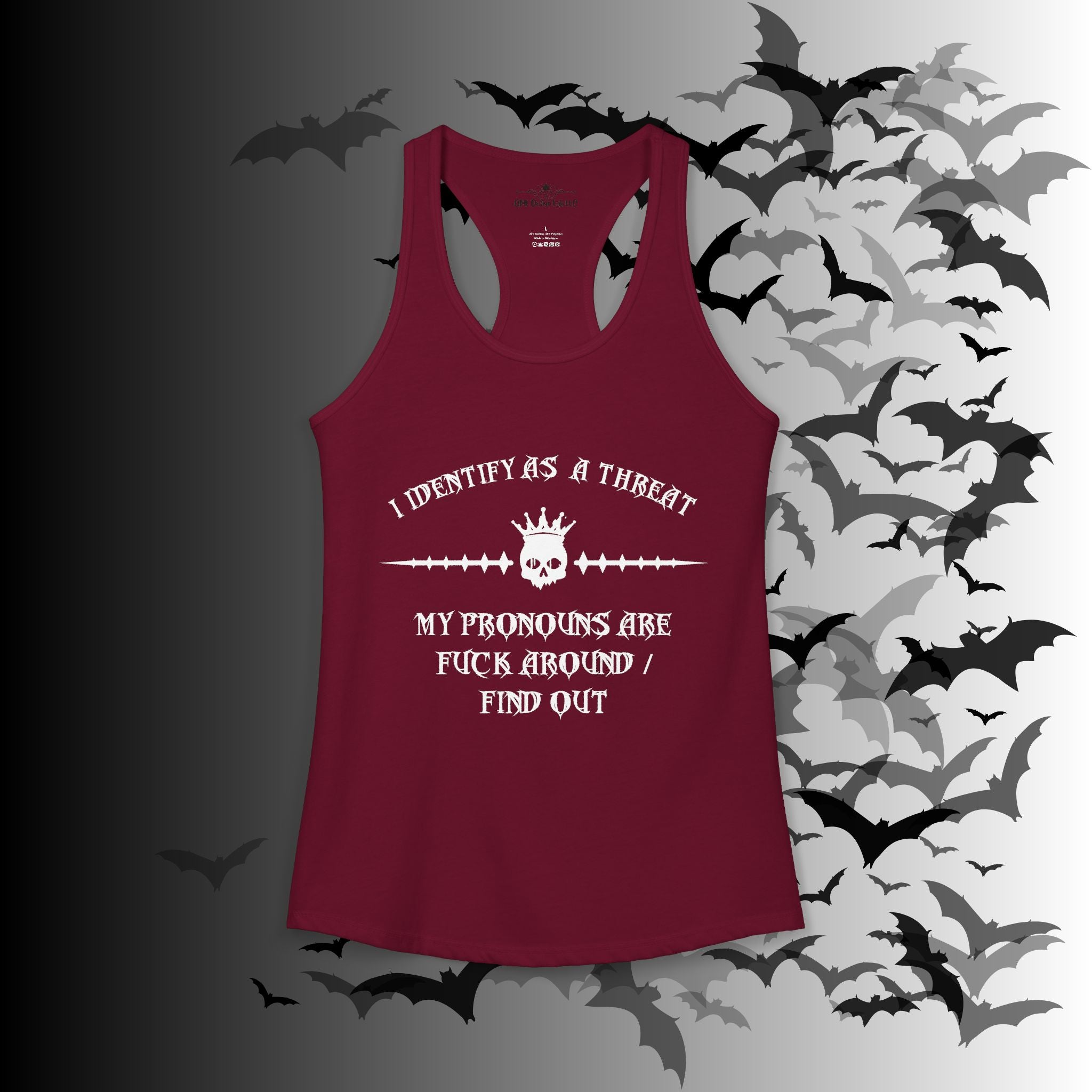 "FAFO" I Identify As A Threat Racerback Tank Top — White Print Front & Back