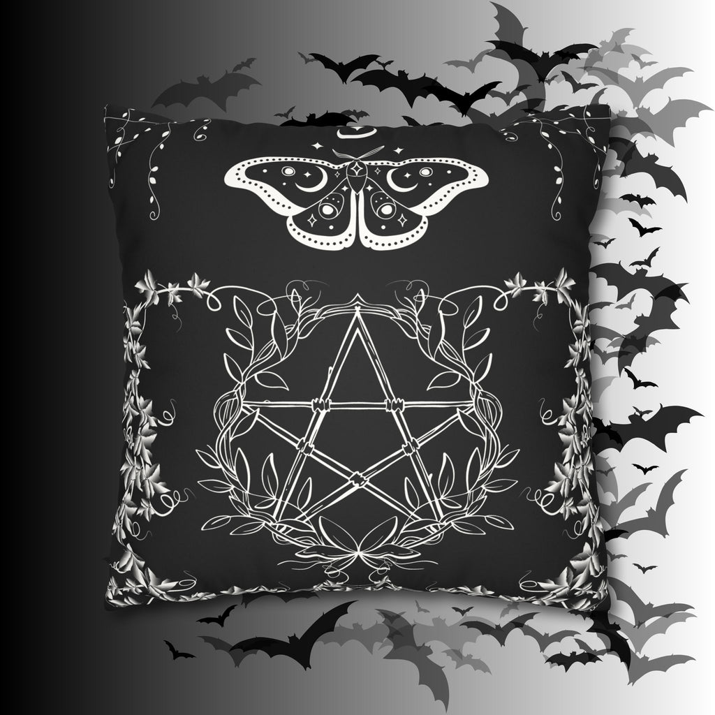 Witchy Moth Pentagram Throw Pillow — Botanical Gothic Dark Home Decor