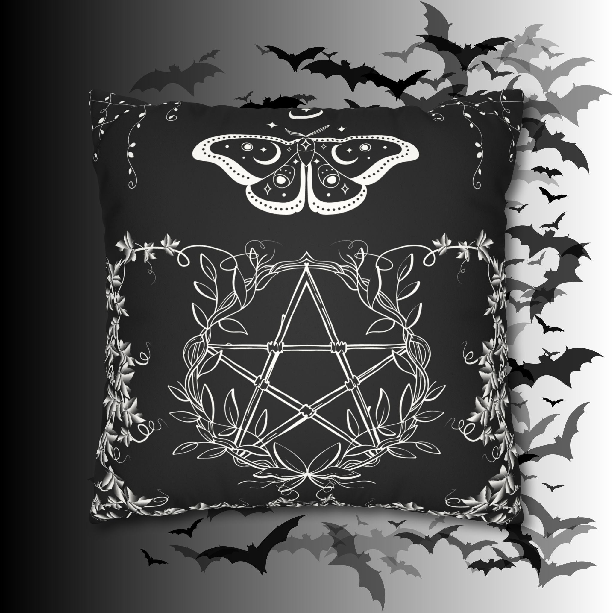 Witchy Moth Pentagram Throw Pillow — Botanical Gothic Dark Home Decor