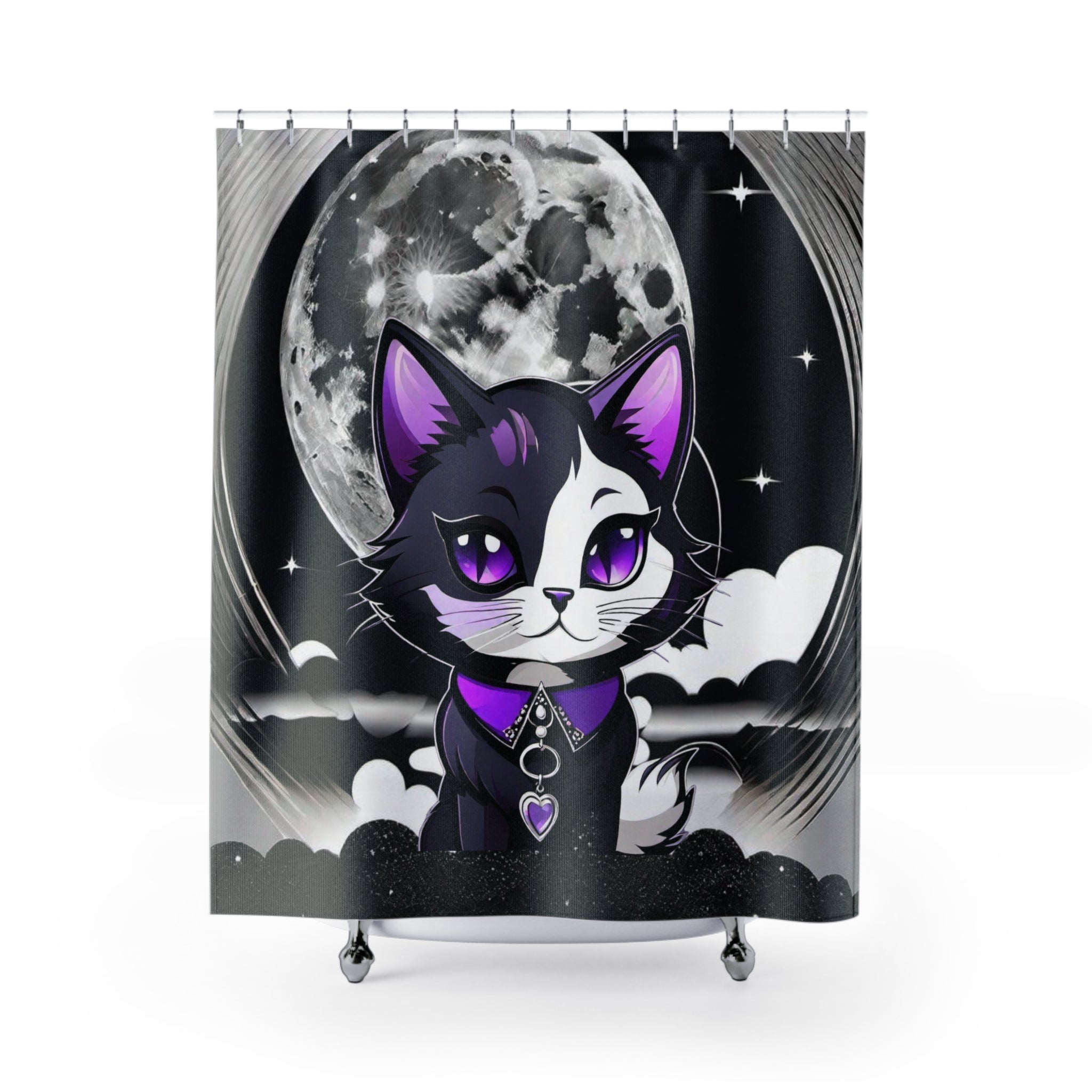 Pastel Goth Black Cat Full Moon Shower Curtain — Witchy Bathroom Decor