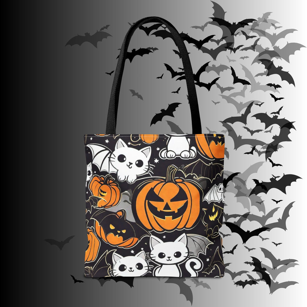 Kawaii Bat Cat Halloween Tote Bag — Dark Pumpkin Pattern