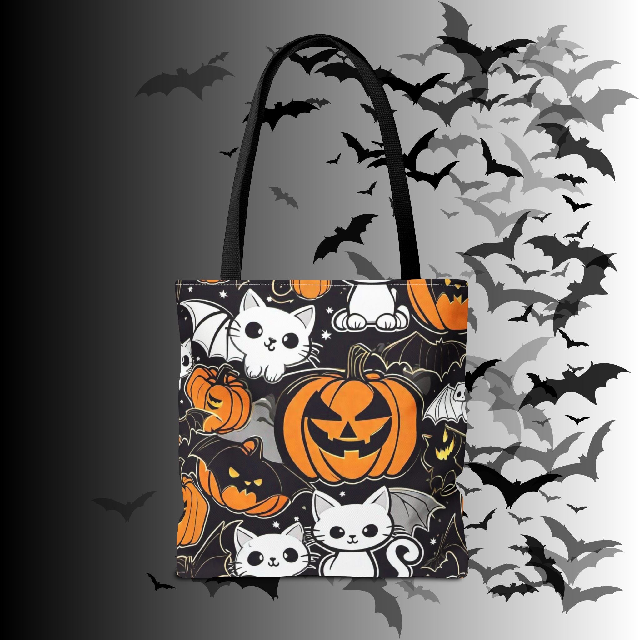 Kawaii Bat Cat Halloween Tote Bag — Dark Pumpkin Pattern