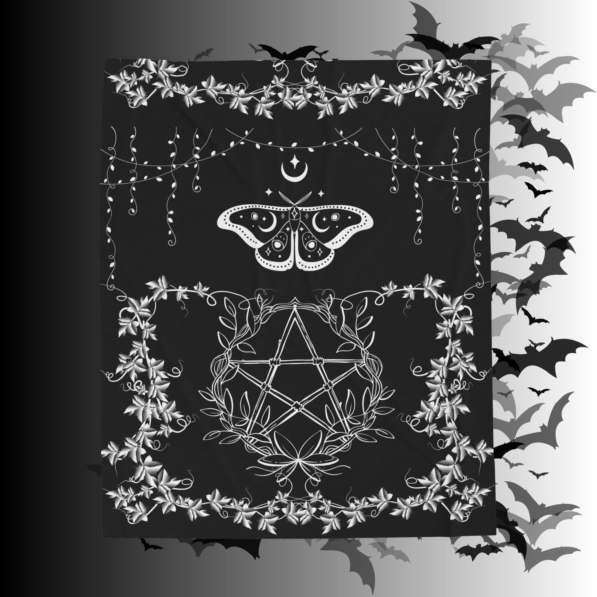 Witchy Luna Moth Pentagram Throw Blanket — Gothic Botanical Home Decor