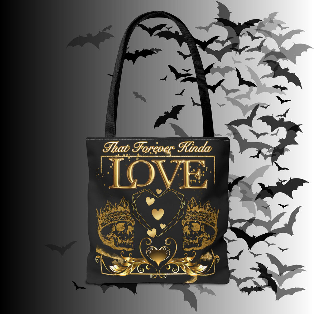 "That Forever Kinda Love" Gothic Skull Crown Tote Bag — Dark Romance Gold Print