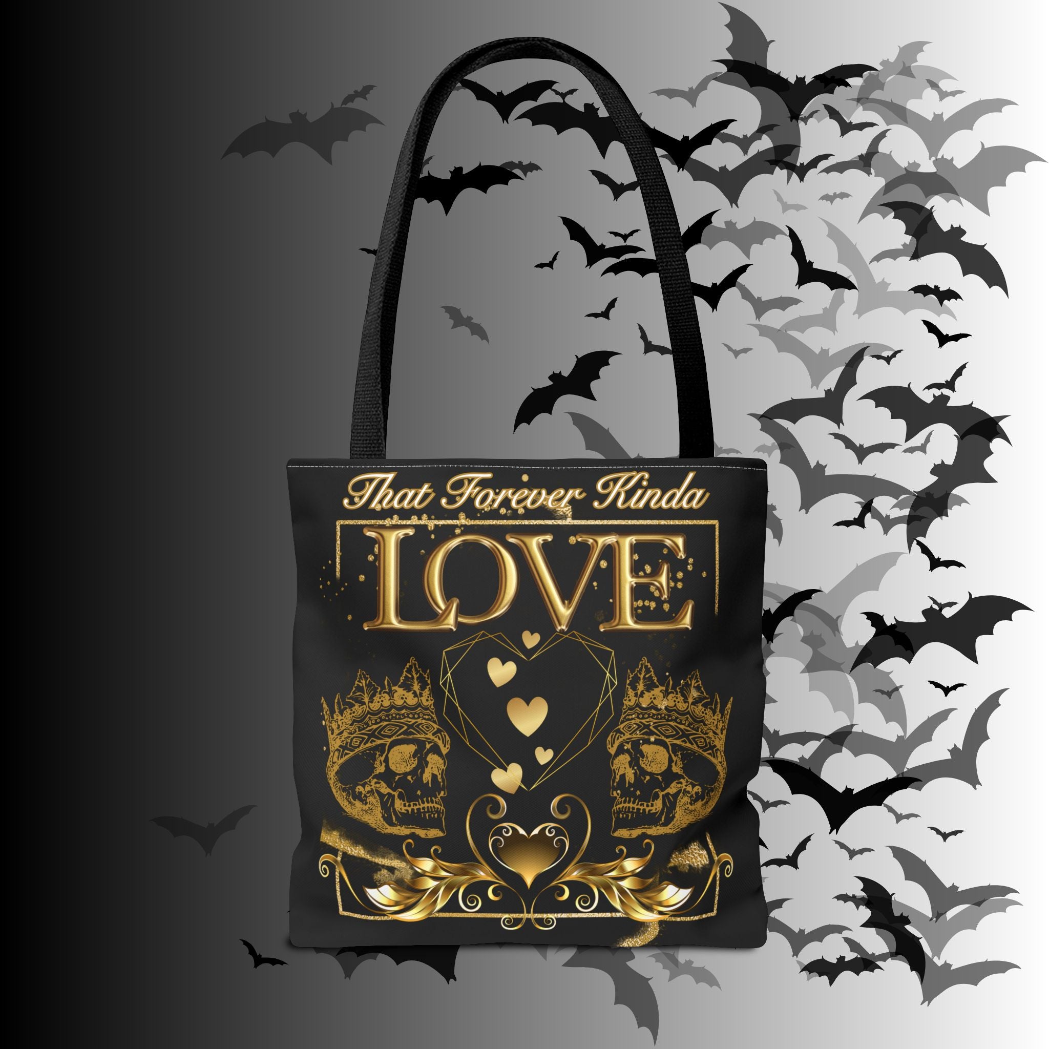 "That Forever Kinda Love" Gothic Skull Crown Tote Bag — Dark Romance Gold Print