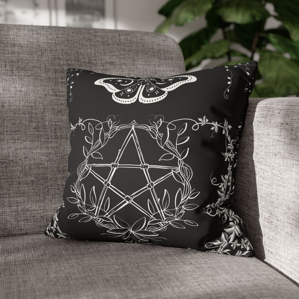 Witchy Moth Pentagram Throw Pillow — Botanical Gothic Dark Home Decor