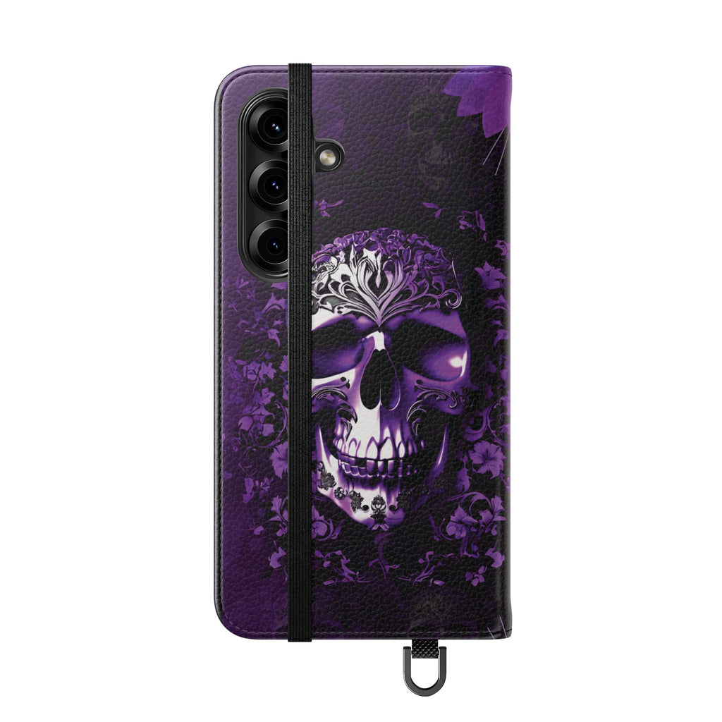 Purple Pastel Goth Skull Flip Wallet Phone Case - Skull Wallet Case for Samsung iPhone - Gothic Style Skull Wallet Phone Cases