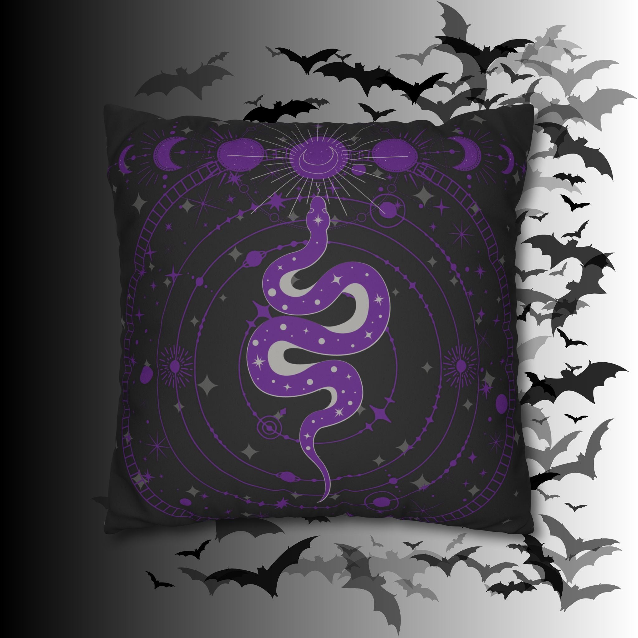 Purple Celestial Snake Moon Phases Throw Pillow — Witchy Gothic Dark Home Decor