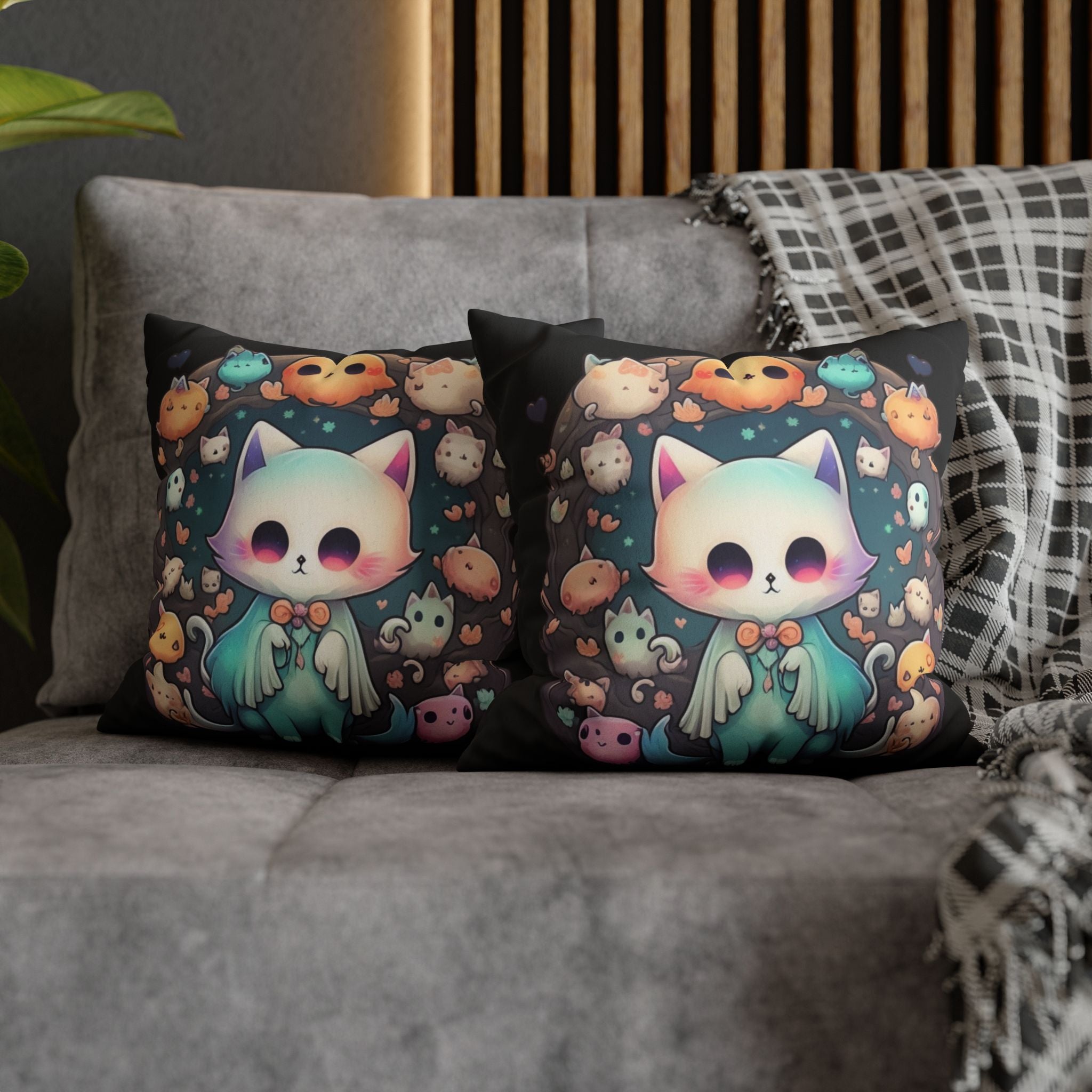 Creepy Cute Kawaii Ghost Cat Throw Pillow — Pastel Goth Dark Home Decor
