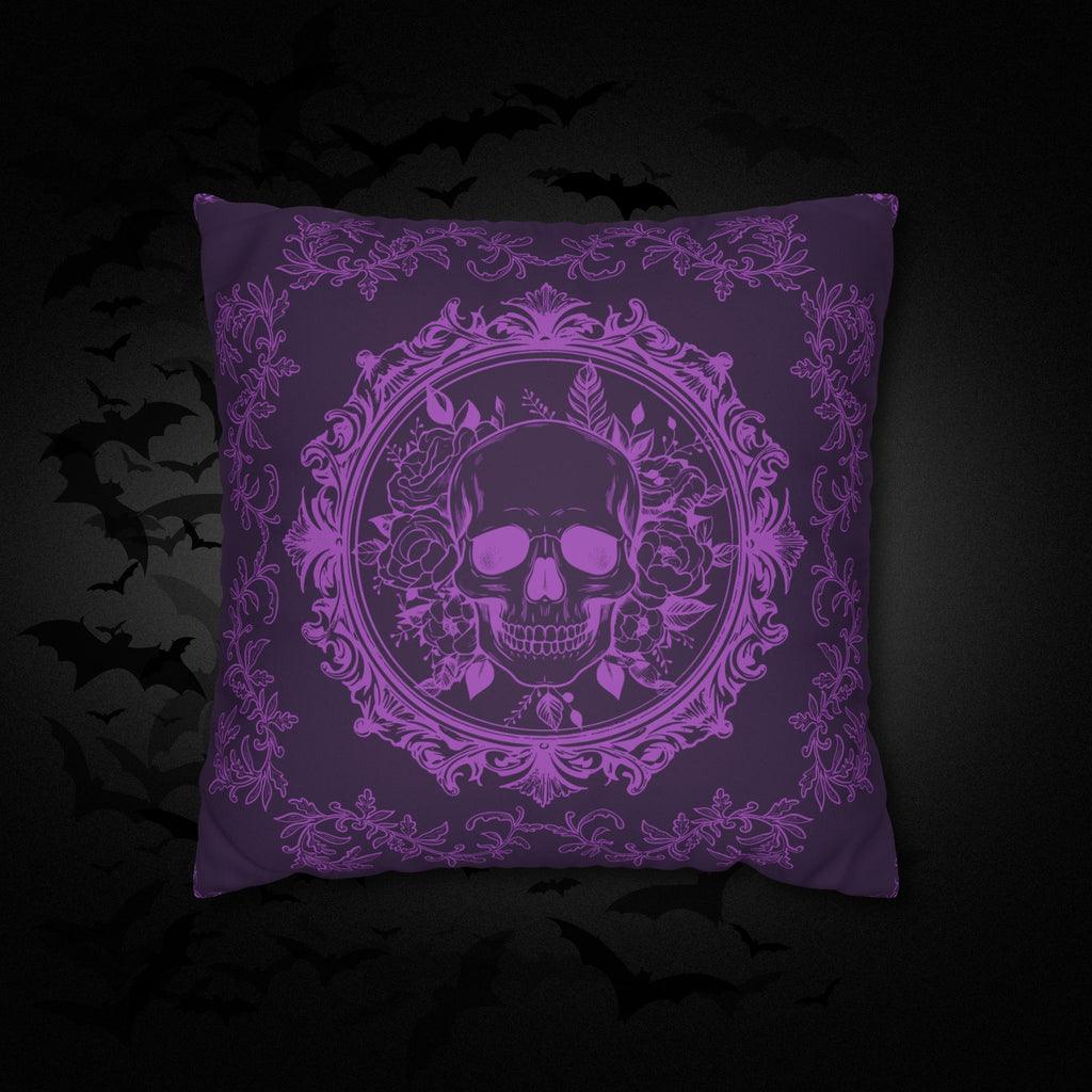 Purple Gothic Floral Skull Throw Pillow — Baroque Botanical Dark Home Decor