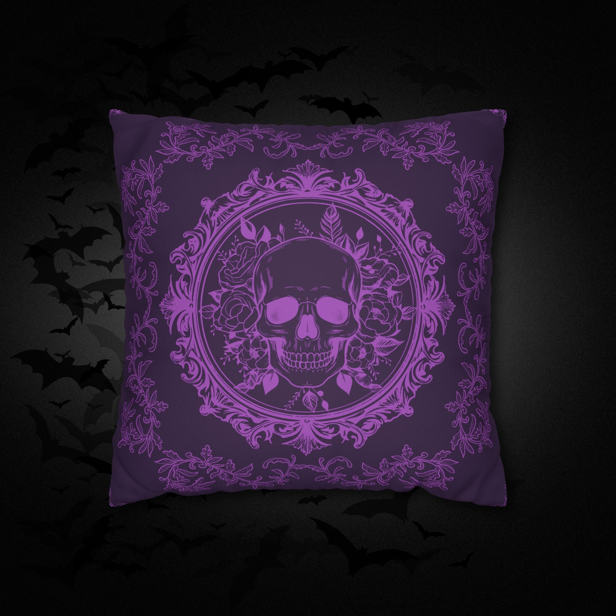 Purple Gothic Floral Skull Throw Pillow — Baroque Botanical Dark Home Decor