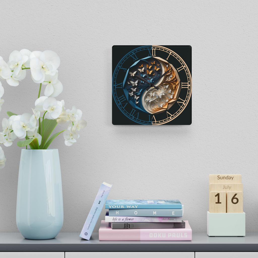 Origami Style Yin Yang Butterfly Acrylic Art Print Wall Clock Blue Gold — NOT Real Origami, Zen Home Decor