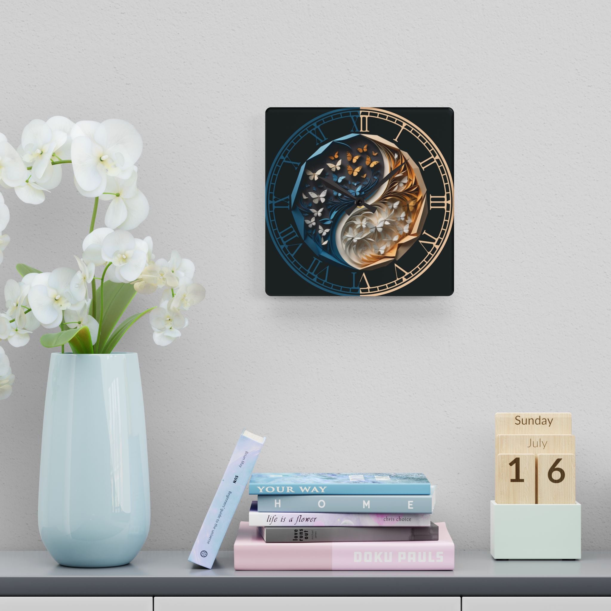Origami Style Yin Yang Butterfly Acrylic Art Print Wall Clock Blue Gold — NOT Real Origami, Zen Home Decor