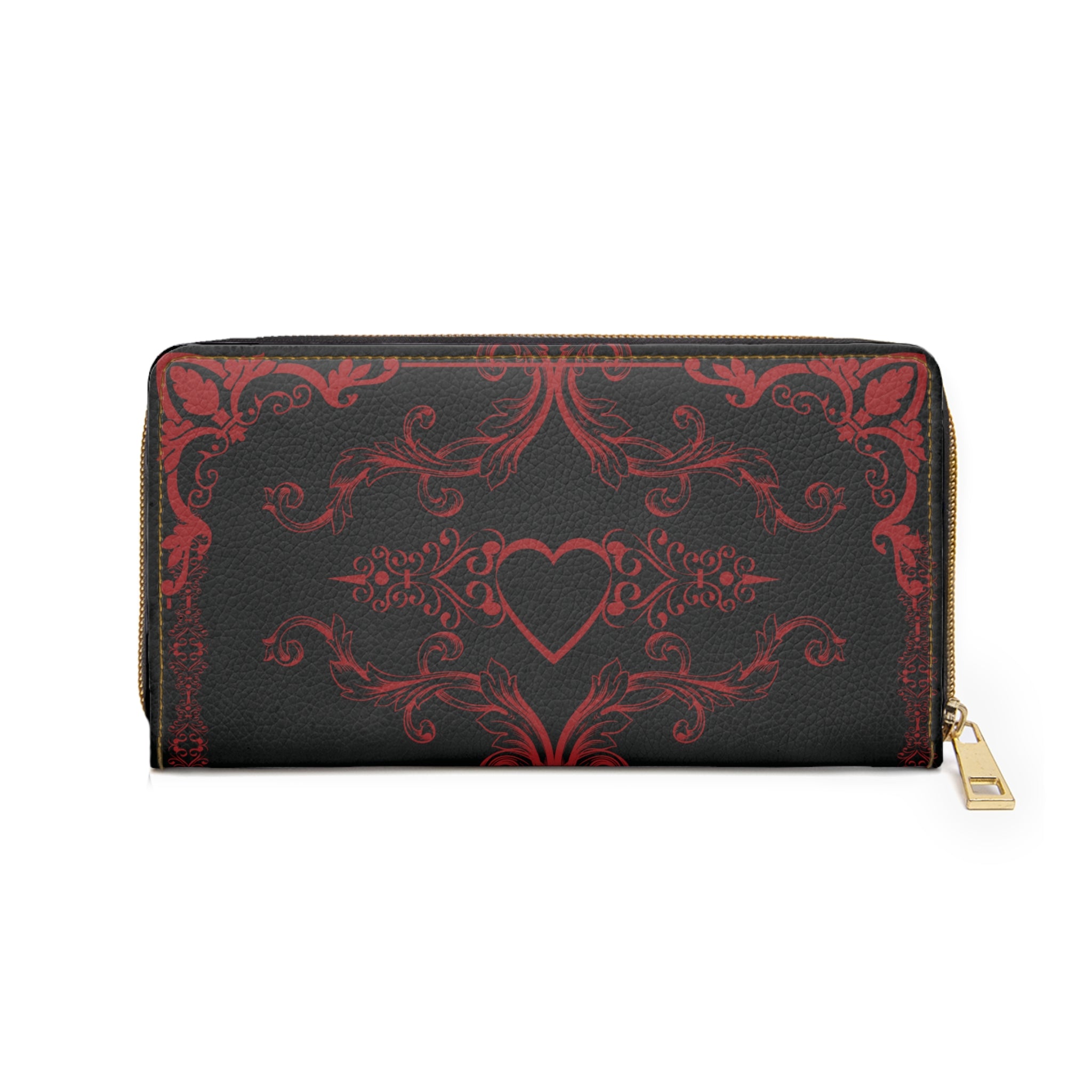 Gothic Dark Romance Heart Wallet | Red Floral Scrollwork Faux Leather Zipper Clutch