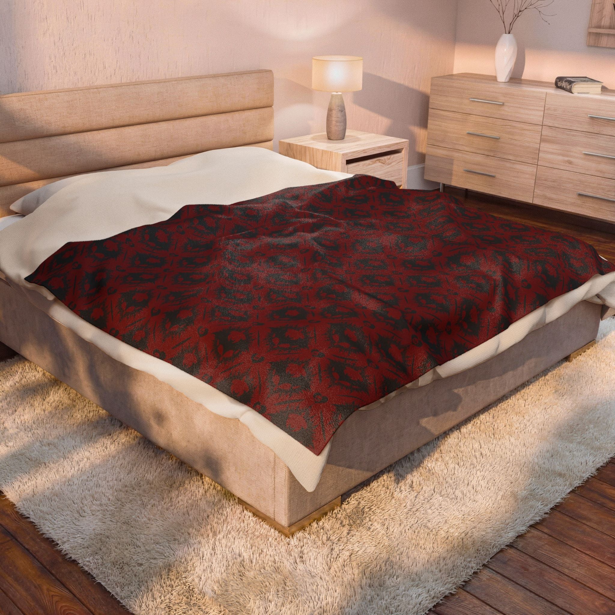 Gothic Bat & Skull Heart Throw Blanket — Crimson Red Colorway