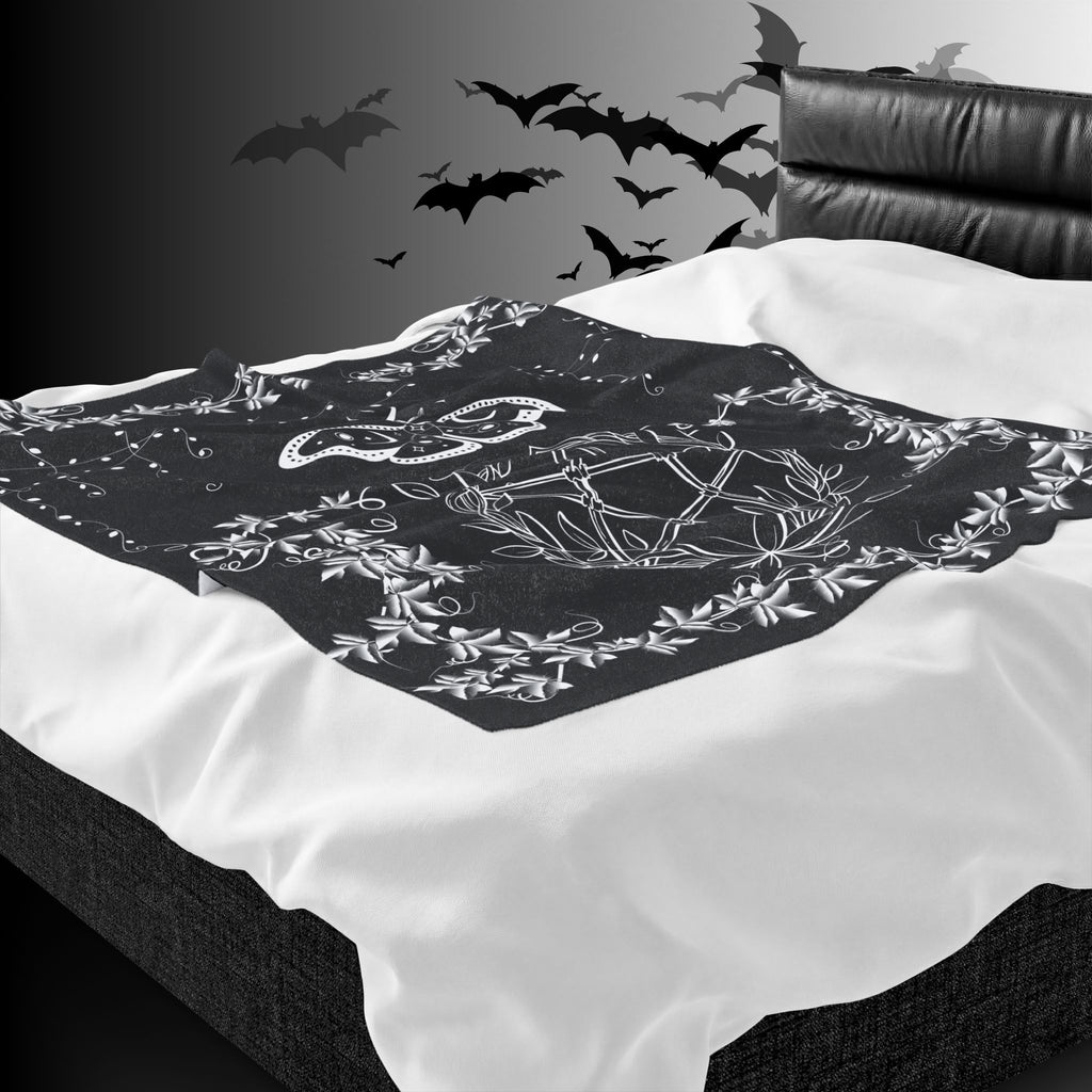 Witchy Luna Moth Pentagram Throw Blanket — Gothic Botanical Home Decor