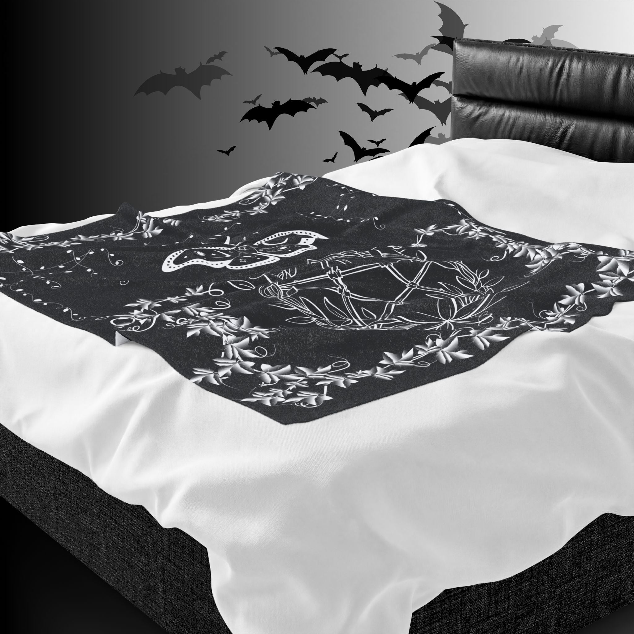 Witchy Luna Moth Pentagram Throw Blanket — Gothic Botanical Home Decor